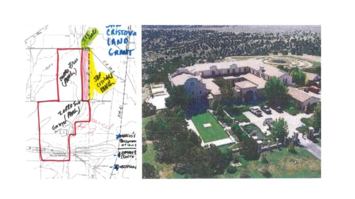Maps of the Zorro Ranch from a New Mexico State Land Trust file and photos of the Santa Fe County residence once owned by convicted sex offender Jeffrey Epstein. (Graphics courtesy of State Land Office/U.S. Department of Justice)