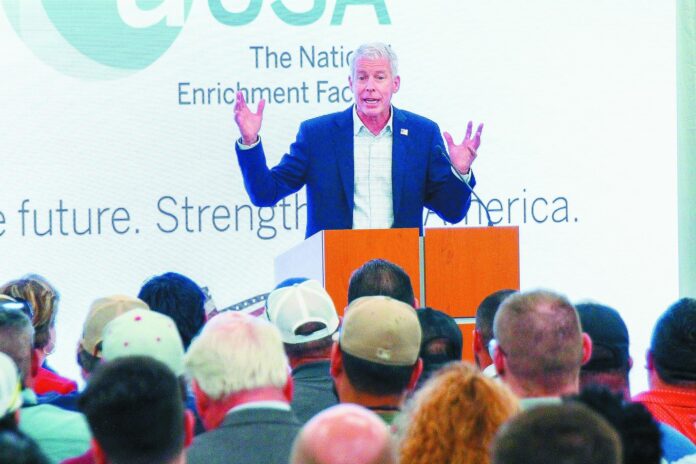 U.S. Energy Secretary Chris Wright addresses a crowd of workers, Aug. 18 at Urenco USA in Eunice.