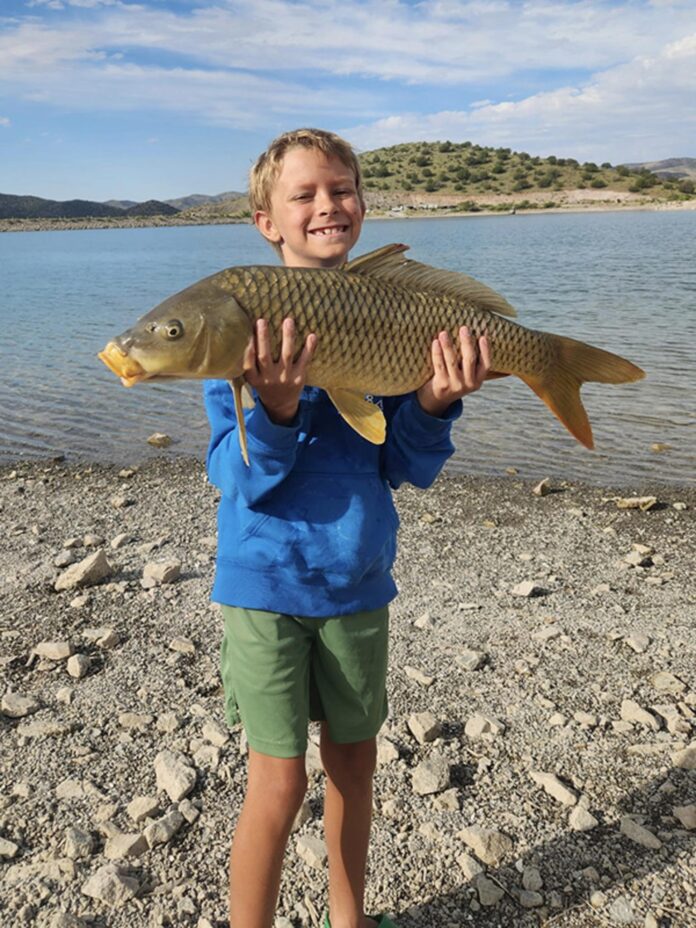 Eric Kennburg, age 9, from Silver City, caught more bluegill than he could count, six catfish and a 28-pound carp using an inline method feeder during a weekend camping trip that wrapped up Aug. 30, 2026 at Bill Evans Lake.