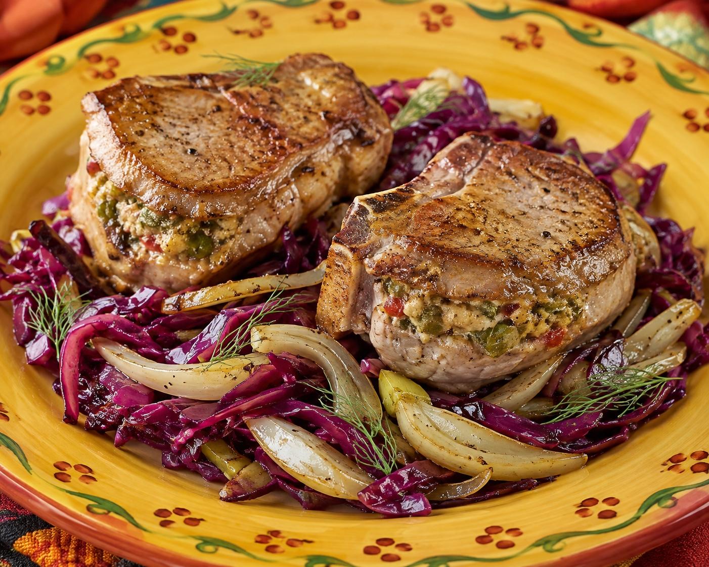 Southwest Stuffed Pork Chops with Hatch Chiles, Fennel and Red Cabbage