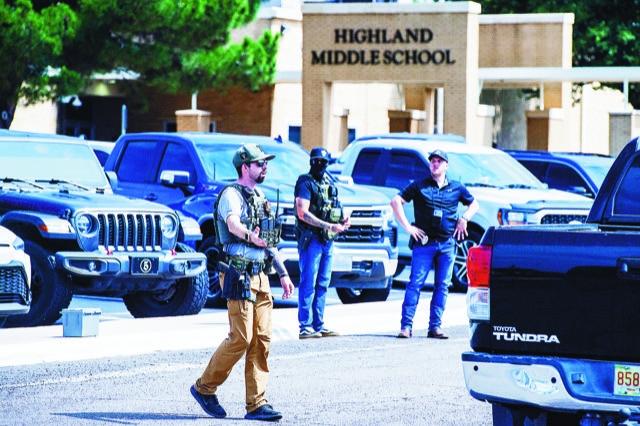 Law enforcement officers direct traffic Sept. 25, 2026 around Highland Middle School in Hobbs.
