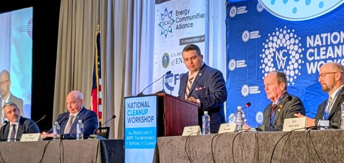 Carlsbad Mayor Pro Tem JJ Chavez moderates a discussion on the Waste Isolation Pilot Plant during the National Cleanup Workshop in Washington, D.C.