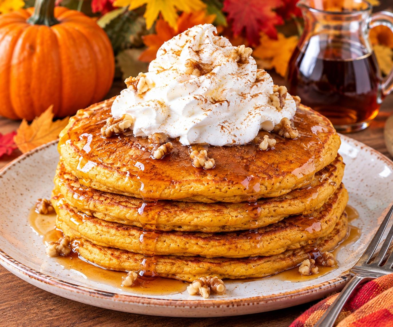 Fluffy Pumpkin Pancakes with Maple Syrup, Walnuts and Whipped Cream